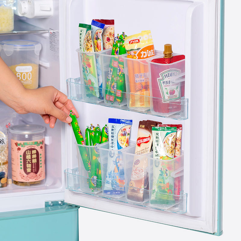 A603 2Pcs Connectable Fridge Organizer Bins for Refrigerator Side Door Shelf Plastic Utensil Holder with Drain Holes Pouches Granola Bar Keeper for Kitchen Counter-top Pantry Cabinet Multi Functional Storage Container for Makeups Brush/Pencil/Garlic Organization