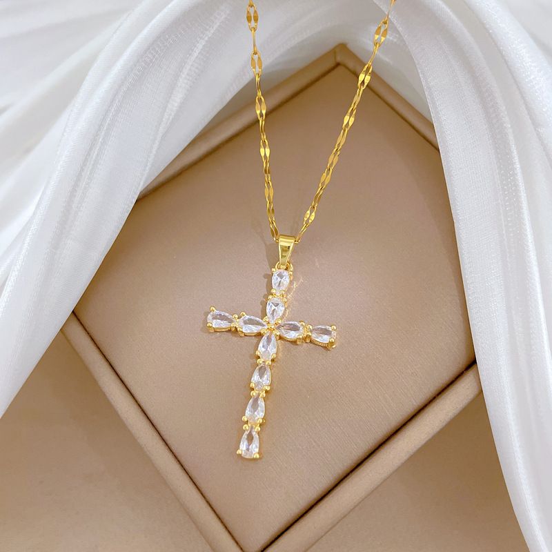 Luxury Teardrop Cubic Zircon Cross Pendant Necklace for Women, Sparkling Micro‑Pave Zircon Cross Pendant, Titanium Steel Chain Clavicle Necklace, Elegant Glamour Daily Party Statement Fashion Jewelry Gift for Ladies