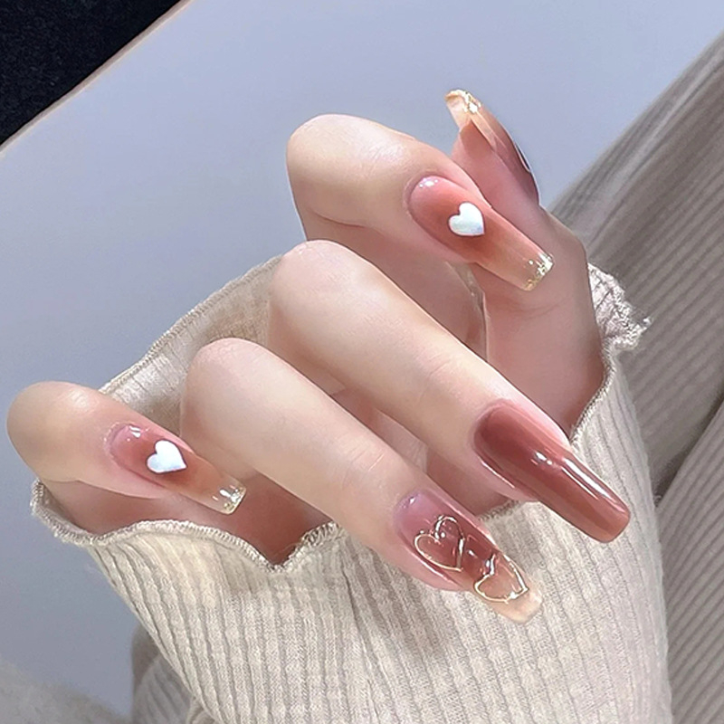 R614 24 Pcs Glossy Press on Nails, Super Long Coffin Smudge Sexy and Cute Style Heart Prints Fake Nails, Full Cover Artificial False Nails for Women and Girls

