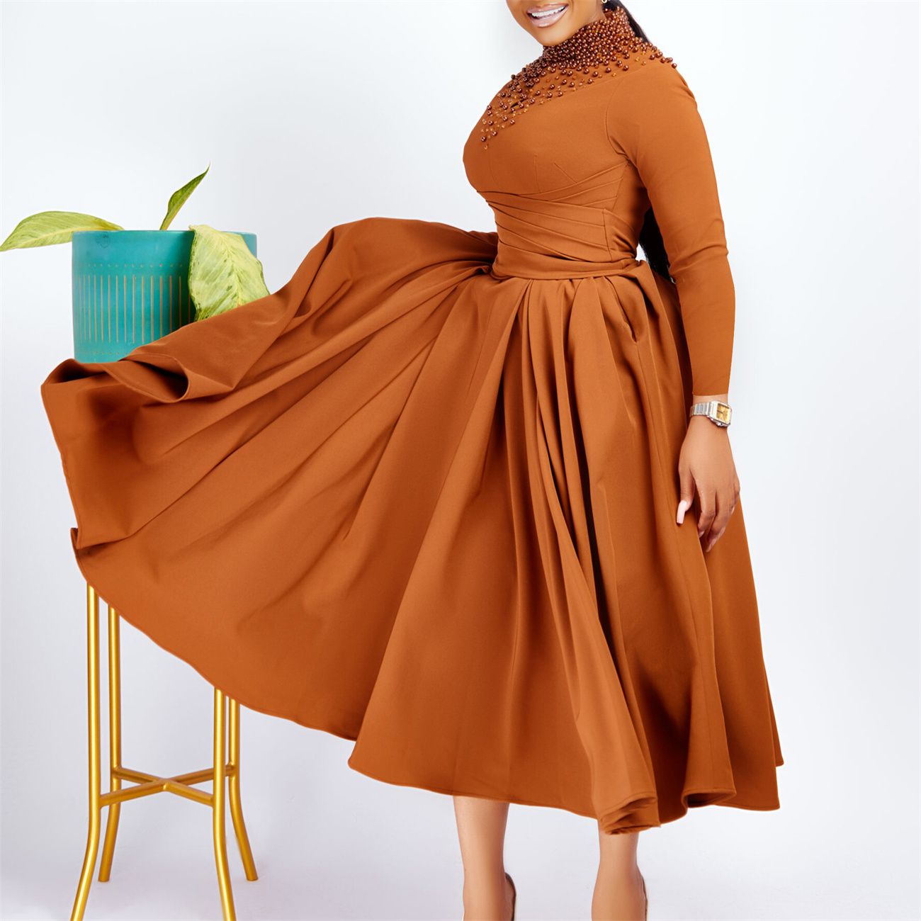 D454 Women's new fashion high-neck elegant beaded large swing dress waist dress