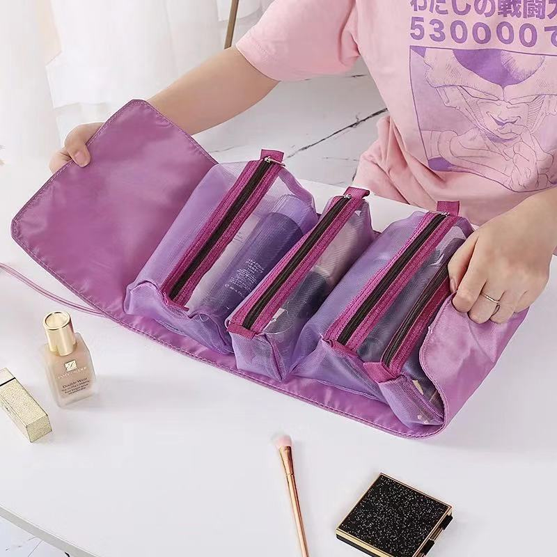 A021 4 In 1 Cosmetic Bag Women Cosmetic Bag Foldable Nylon Bag Rope Makeup Bag Protable Zipper Mesh Separable Cosmetics Pouch Ladies