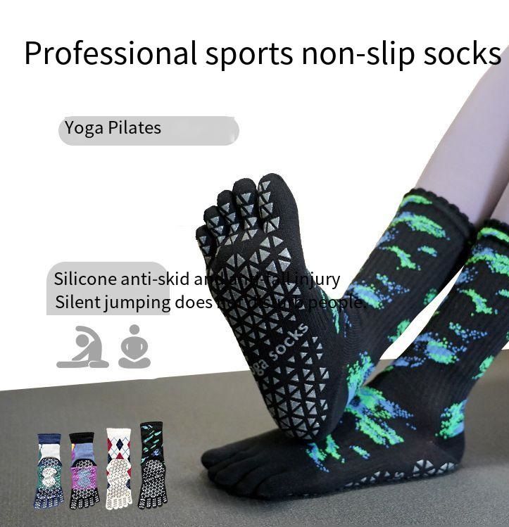 Women Mid Calf Five Toe Printed Yoga Socks Cotton Spandex Triangle Silicone Non Slip Grip Split Toe Pilates Training Socks Scalloped Cuff Breathable Quiet Anti Fall Fitness Dance Jump Rope Indoor Sport Socks One Size Multi Floral Plaid Print Options
