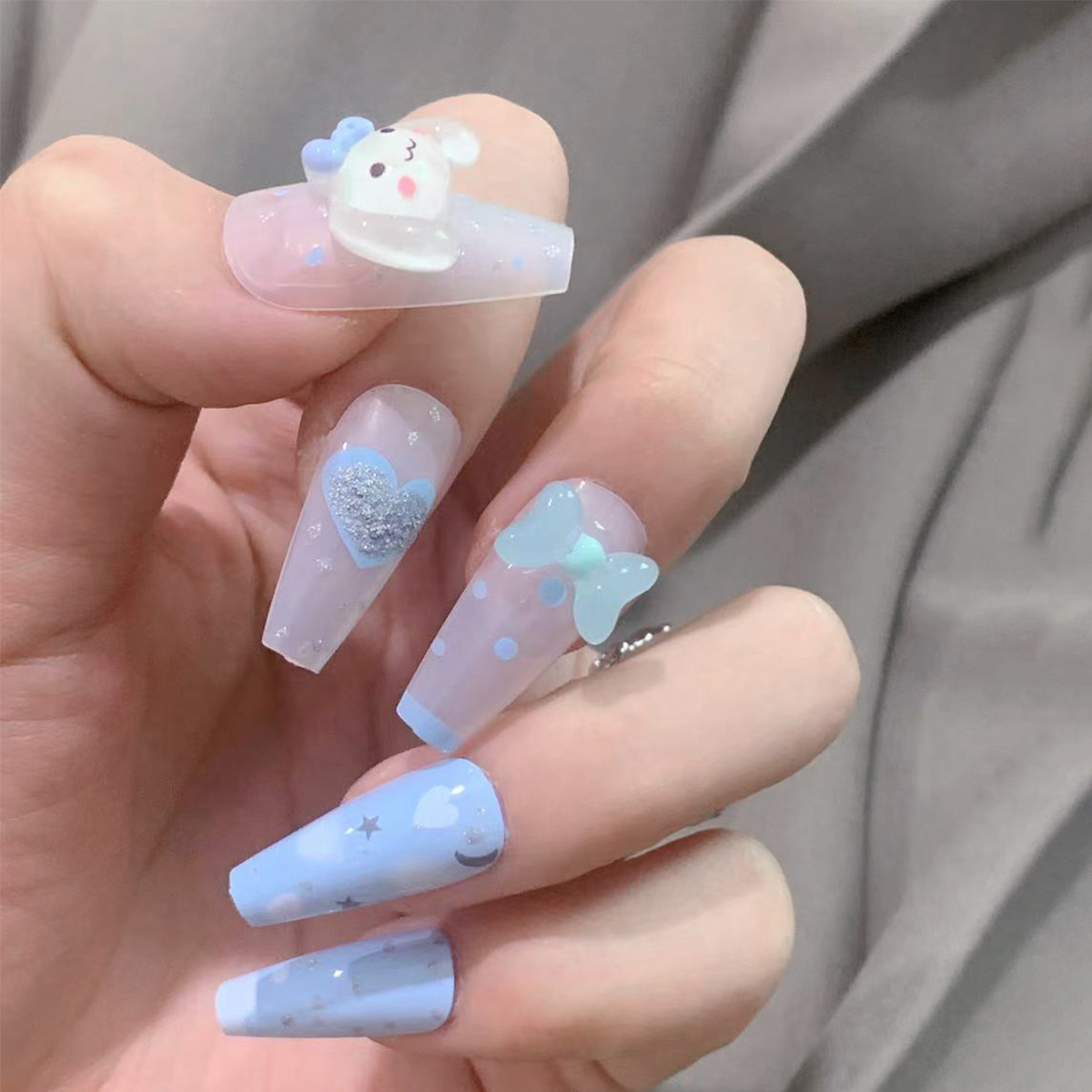 JP1381 24 Pcs Glossy Press on Nails, Medium Coffin Cute Heart Glitter Bows Rhinestones Decals Fake Nails, Acrylics Full Cover False Nails for Women and Girls