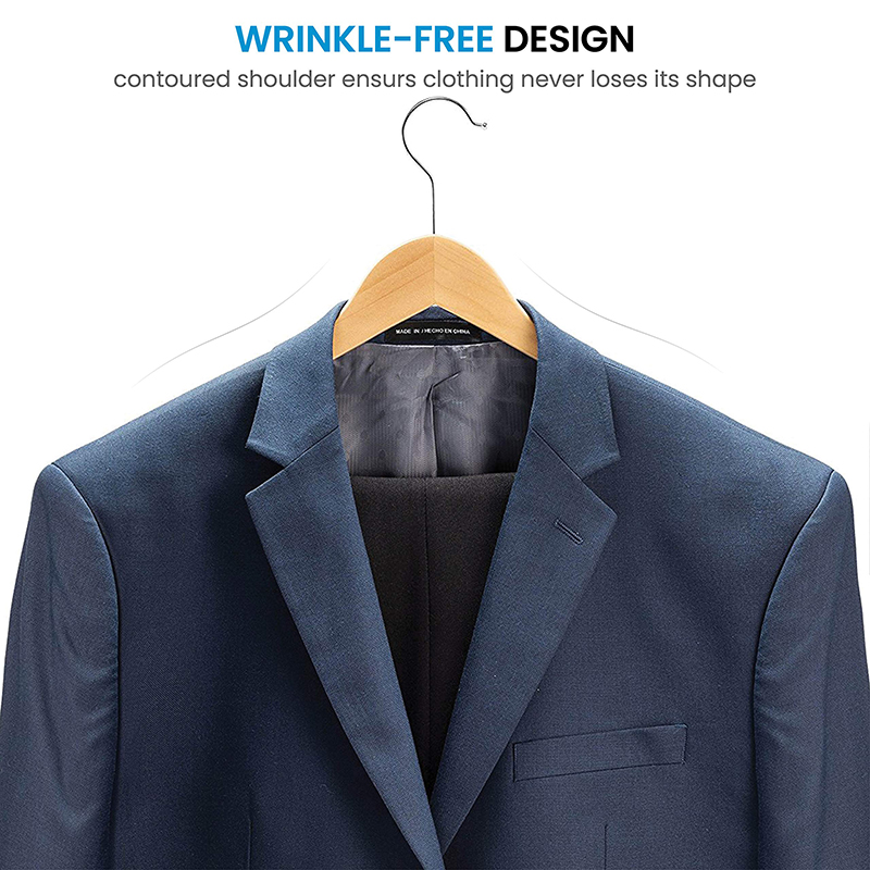 High-Grade Wooden Suit Hangers - Smooth Finish Solid Wood Coat Hanger with Non Slip Pants Bar, 360 Swivel Hook and Precisely Cut Notches for Camisole, Jacket, Pant, Dress Clothes Hanger