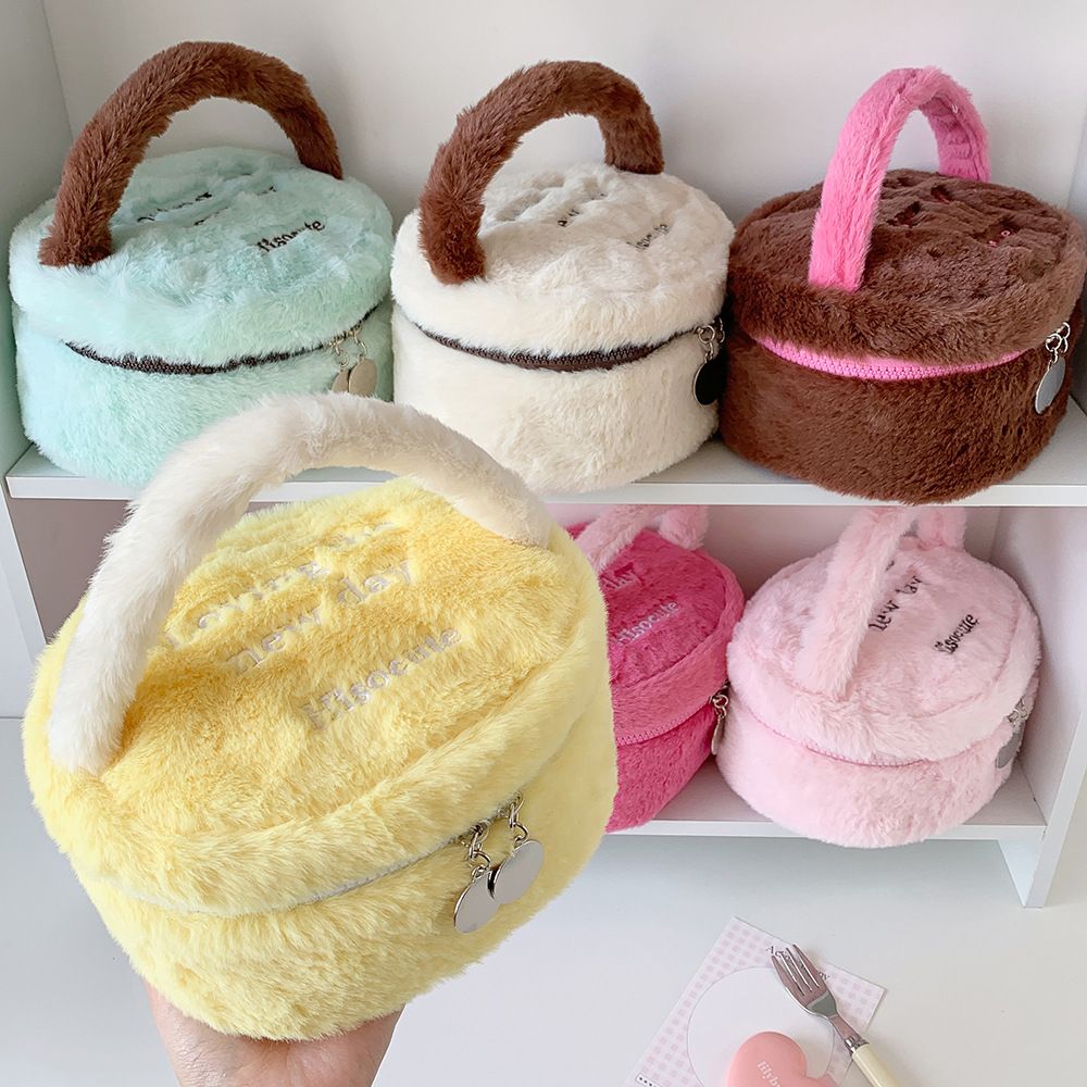 INS Style Dopamine Color Handheld Plush Cosmetic Bag, Portable Travel Makeup Organizer with Handle, Cute Soft Toiletry Pouch
