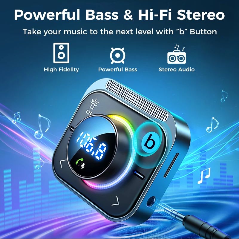 Bluetooth 5.3 FM/AUX Bluetooth Car Adapter,Air Vent Installation & Bass Boost3 Ports PD&QC 3.0 FM Bluetooth Car Transmitter