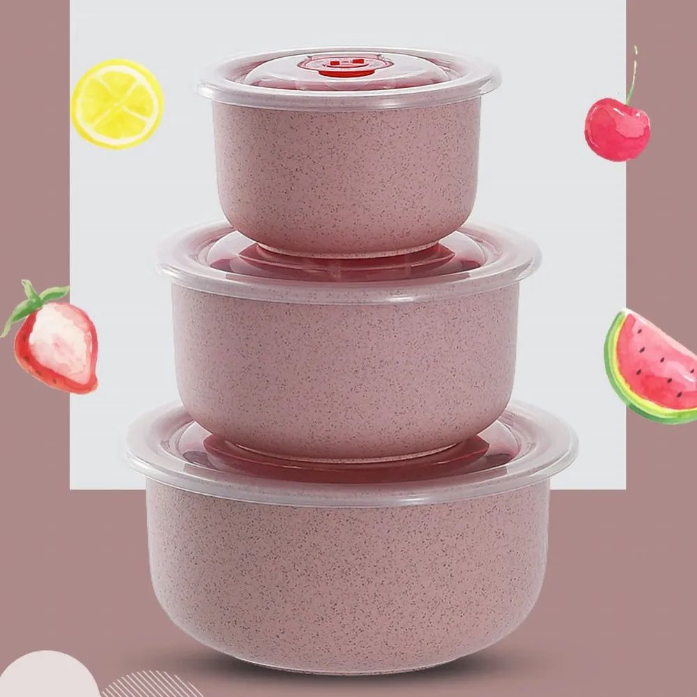 3PCS/Set Wheat Lunch Bowl Box Round Lunch Box With Lid Can Be Microwave Sealed Bowl Kitchen Supplies Storage Box
