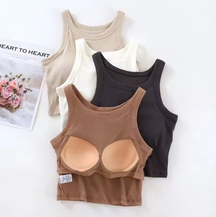 Ladies Summer Crop Top Sexy Female Square Neck Sleeveless Tank Solid Color Bra Camisole With Brest Pad Slim Fit