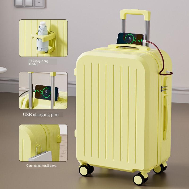 Fresh Style Multifunctional Luggage with Cup Holder USB Charging Port and Removable Pouch Large Capacity Travel Rolling Suitcase for Students Women Men