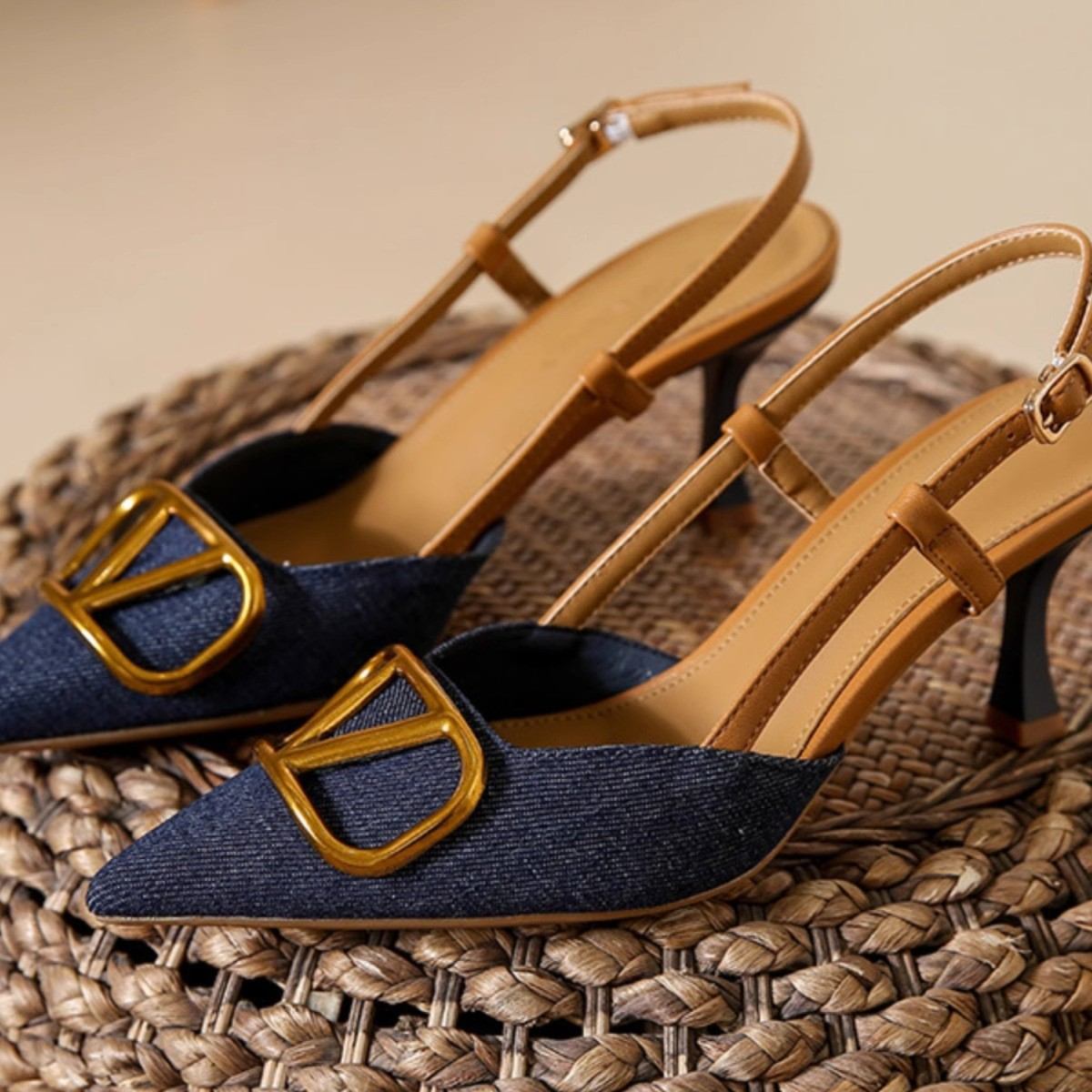 Korean Style Premium Elegant Pointed Toe Stiletto Heels Women Denim High Heel Sandals Temperament Versatile Dress Pumps
