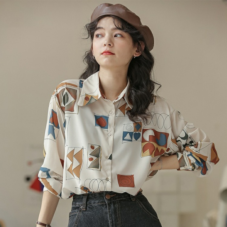 AL651318457684 Women's Spring and Autumn New Vintage Print Long-Sleeved Shirt Casual Thin Loose Top