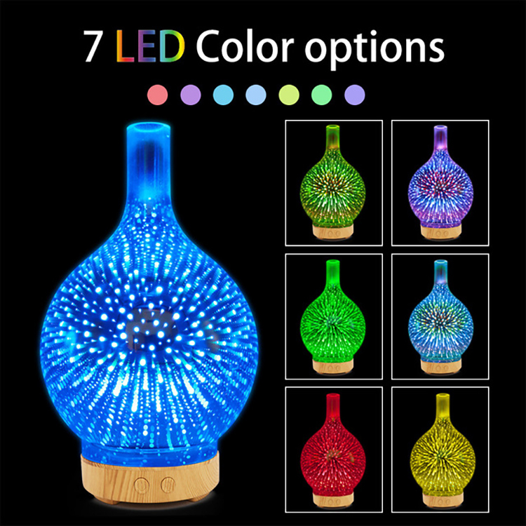 yxsd-001 3D Firework Glass Vase Shape Air Humidifier with 7 Color Led Night Light Aroma Essential Oil Diffuser Mist Maker Ultrasonic