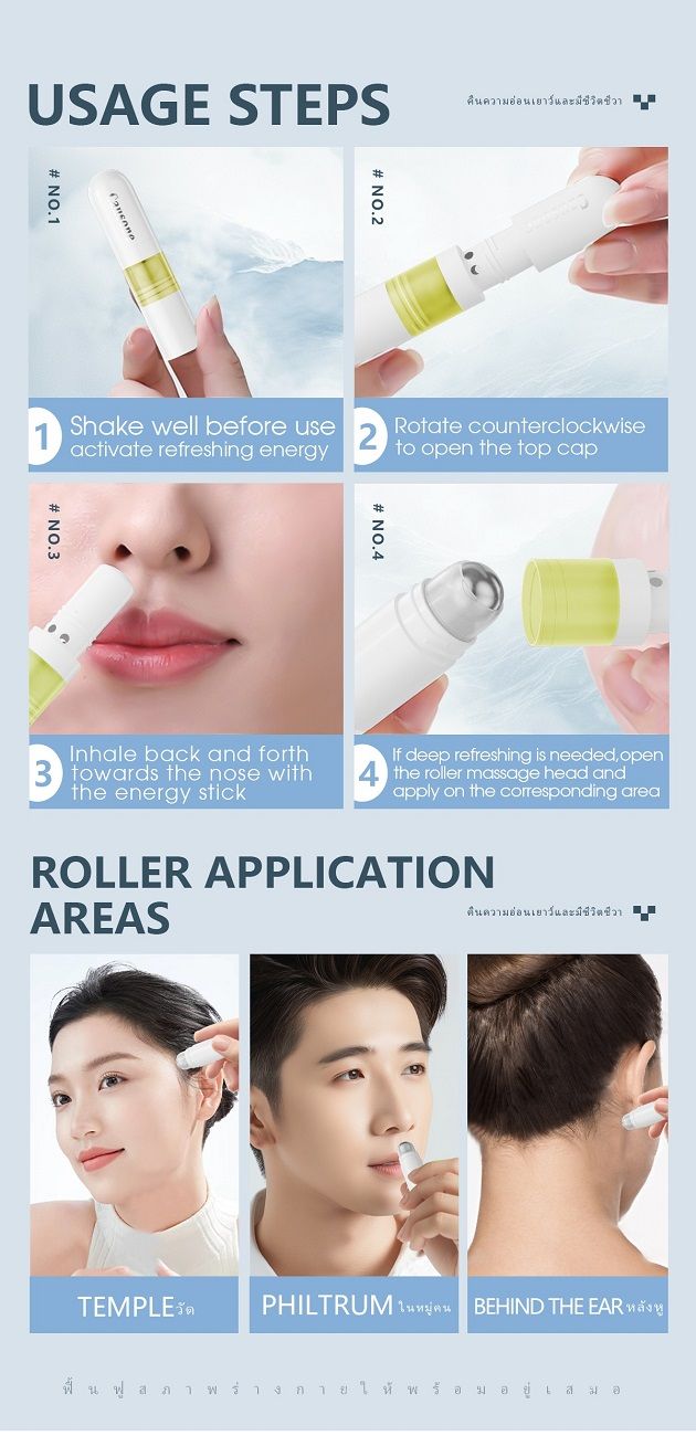 CAUSONE Thai Double-ended Nasal Inhaler, Lemon Mint Scent Eight Immortals Stick with Massage Roller Ball, Dual Use Aromatherapy Nasal Stick for Refreshing and Mind Boosting
