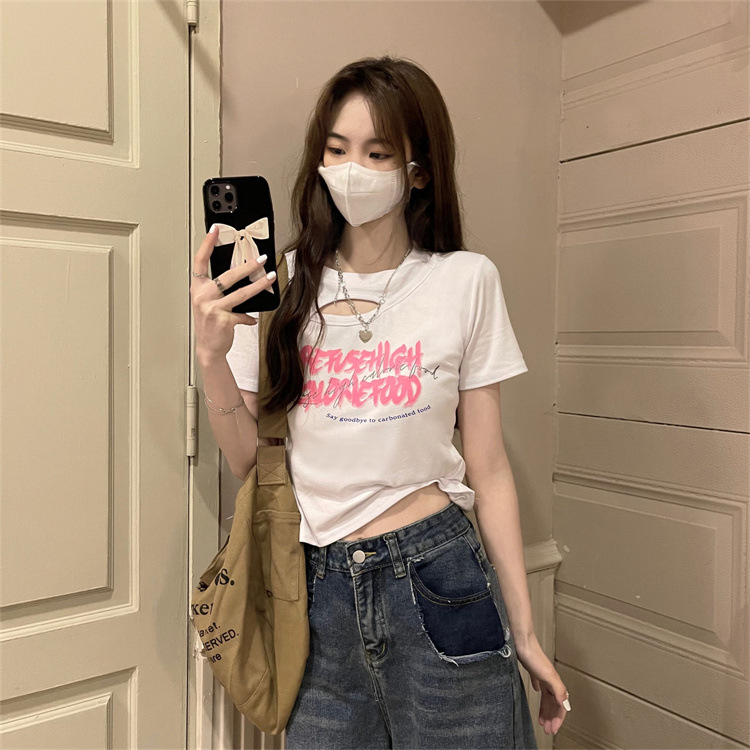 WYP-6791 Women's Fashion Loose Cutout Design Sense Printed Slim Slim Cropped T-shirt