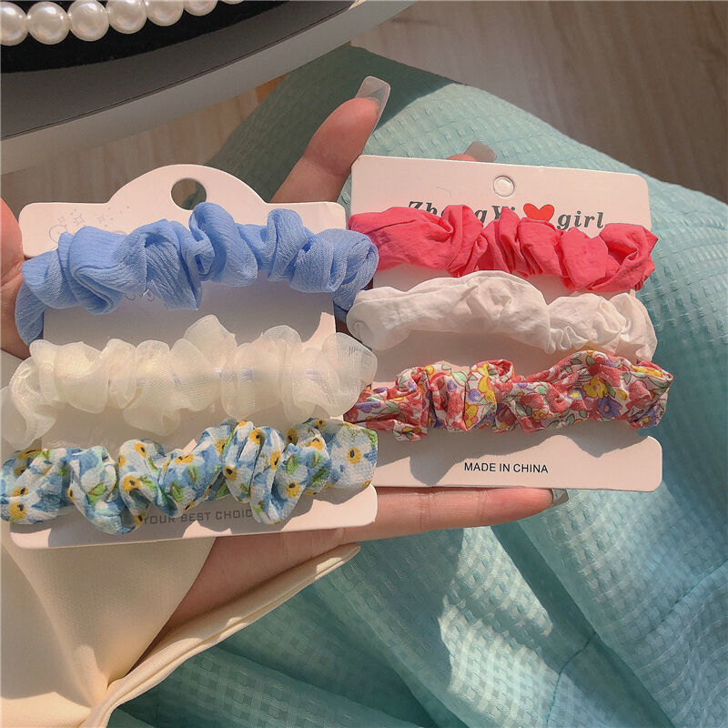 AKAKD Pink spring colors ~ 3 pack of broken flower hair ring combination of small fresh blue pink bracelet hair rope hair accessories head rope