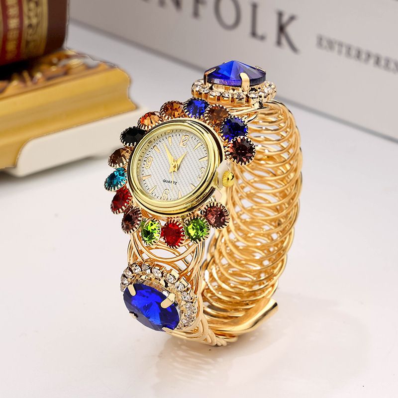 Women's Multicolor Crystal & Blue Gemstone Bangle Watch, Gold-Tone Adjustable Openwork Quartz Wristwatch, Statement Jewelry for Daily & Party Wear
