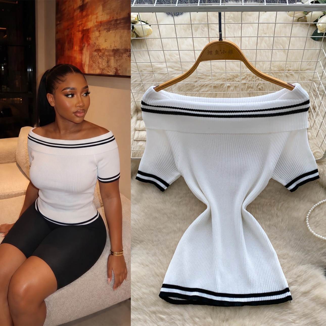 Trendy Summer Off Shoulder Knit Blouse, Classic Striped Slim Fit Short Sleeve Top, Soft Elastic Breathable Knitted Tee, Casual All-match Women Daily Outfit