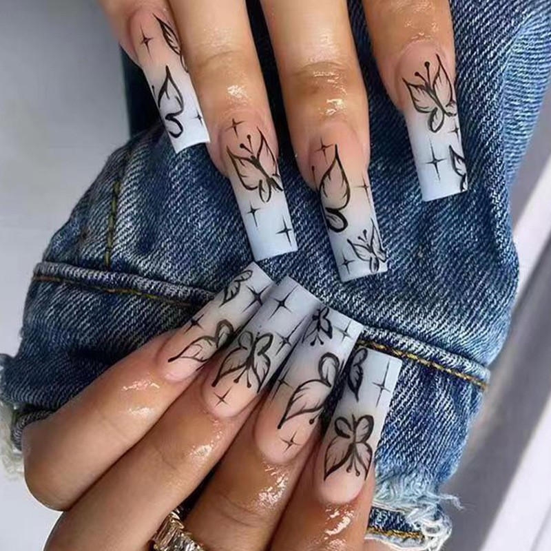 W128 24 Pcs Matte Press on Nails, Super Long Coffin Gradient Color Butterfly Graffiti Fake Nails, Full Cover Artificial False Nails for Women and Girls