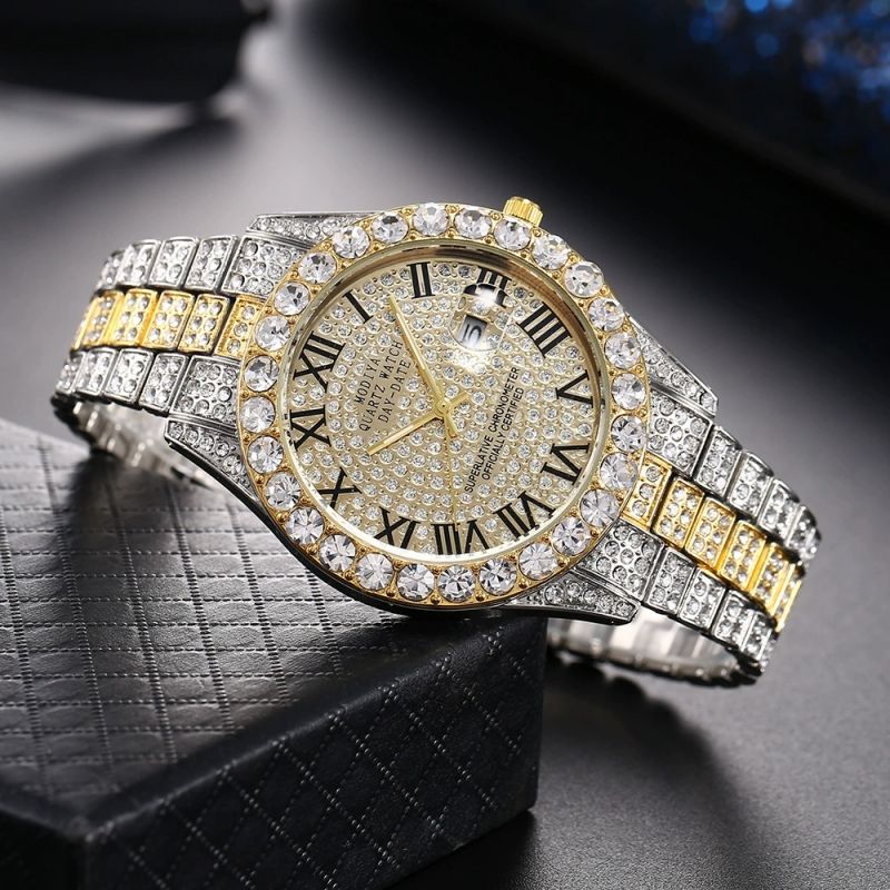Diamond studded men's watch, gold filled with diamonds, calendar quartz watch CRRSHOP free shipping Wrist Watch Father's Day Gift