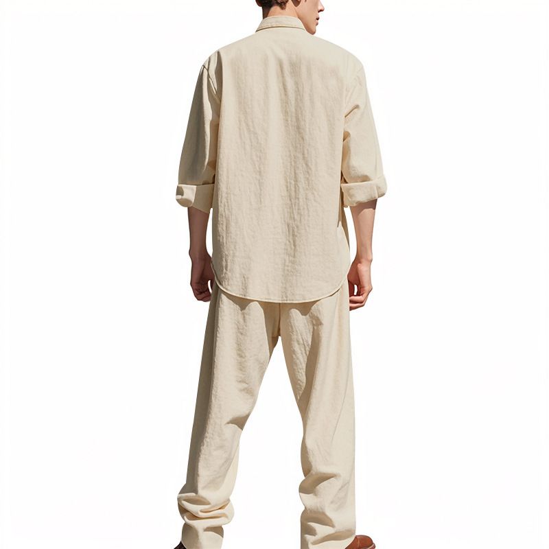 Men's Clothing Sets Two-Piece Outfits Flax Men's Casual Loose Breathable Long Sleeve Long Pants Shirt Beach Set
