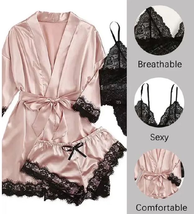 Women's Pajamas Satin The Big Size Long Sleeve Womens Pajamas Lace Lingerie Nightwear Underwear Sleepwear 3PC Suit Pajama Sets Nightgown Underwear Nightdress Suit