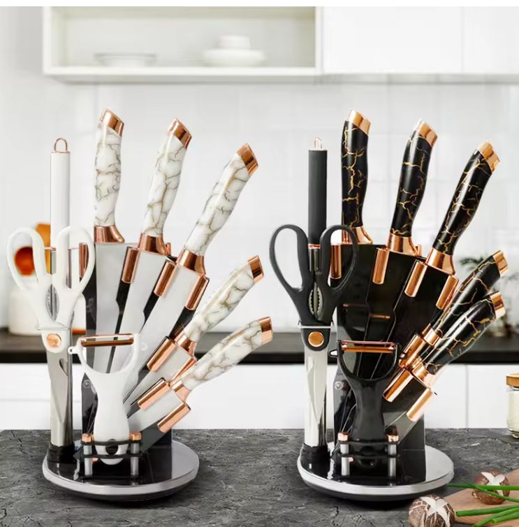 kitchen tools set electroplated stainless steel marble handle 9 Piece Kitchen knife with wheat straw rotating stand 