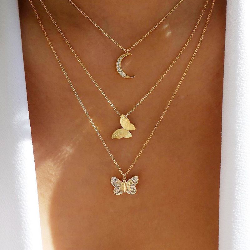 Inlaid rhinestone butterfly pendant necklace, alloy three-layer necklace free shipping 