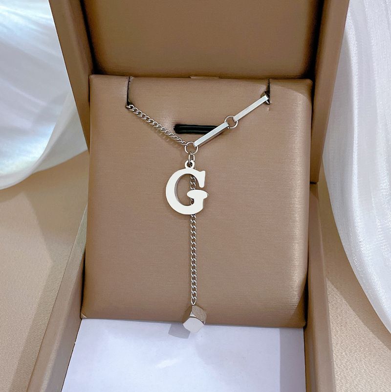 Women Full Solid Titanium Steel Y-Shaped Letter G Pendant Cube Drop Box Chain Clavicle Chain Furnace Real Gold & Silver Plated Minimalist INS Dainty Necklace Waterproof Anti-Fade Hypoallergenic Adjustable Fashion Neck Jewelry Daily Office Party Ladies Gift Accessories
