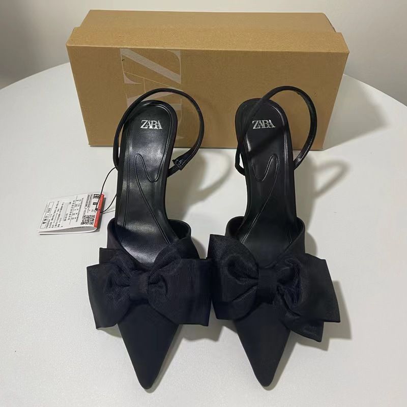 ZA new 2024 French fashion high heels pointed bow decoration shallow open heel small design slim heeled sandals women