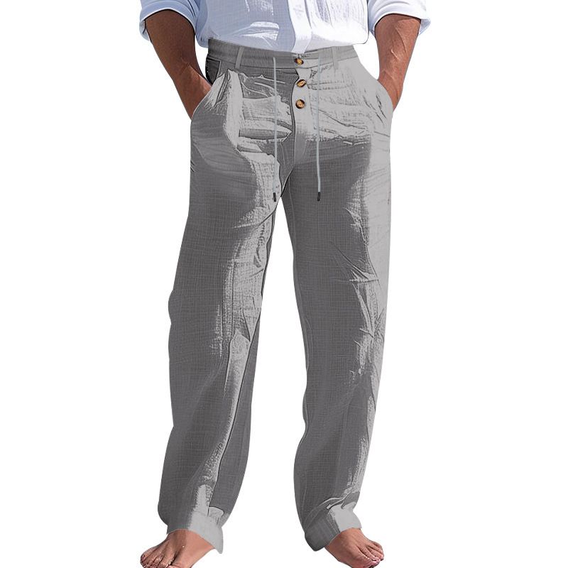 Men's Bottoms Pants Casual American Men's Cotton Linen Pants Button Decoration Drawstring Summer Beach Pants Straight Tube Solid Color Breathable Pants