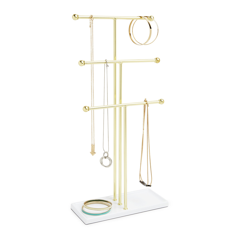 Hanging Jewelry Organizer Tiered Tabletop Countertop Free Standing Necklace Holder Display, 3, Brass/White