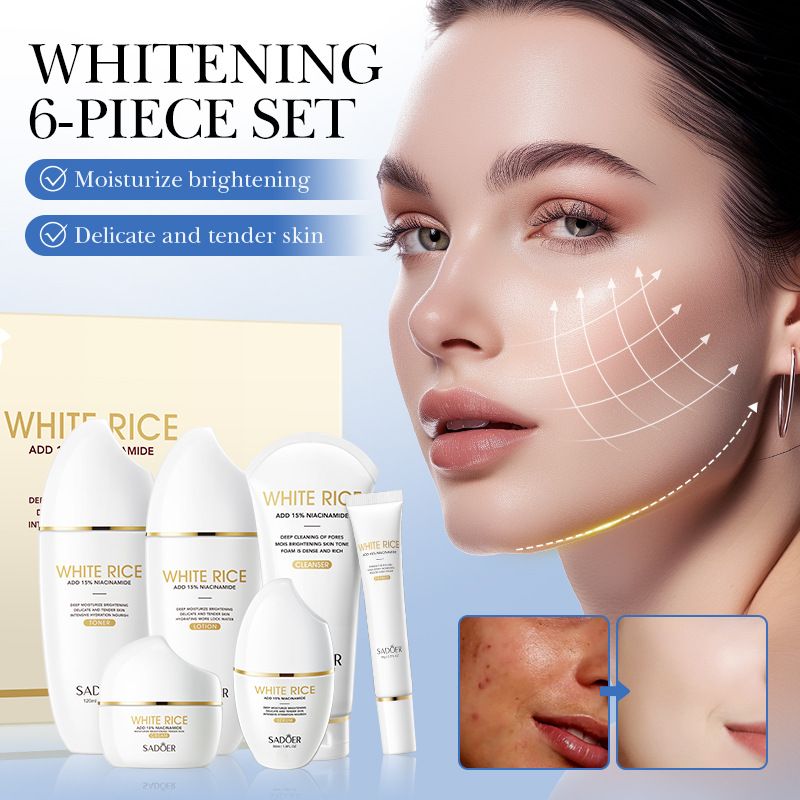 White Rice with 15% Niacinamide 6-Piece Brightening Skincare Set, Moisturizing & Even Tone Facial Care Kit with Cleanser, Toner, Lotion, Cream, Serum and Eye Cream, Hydrating Daily Skin Care Gift Set