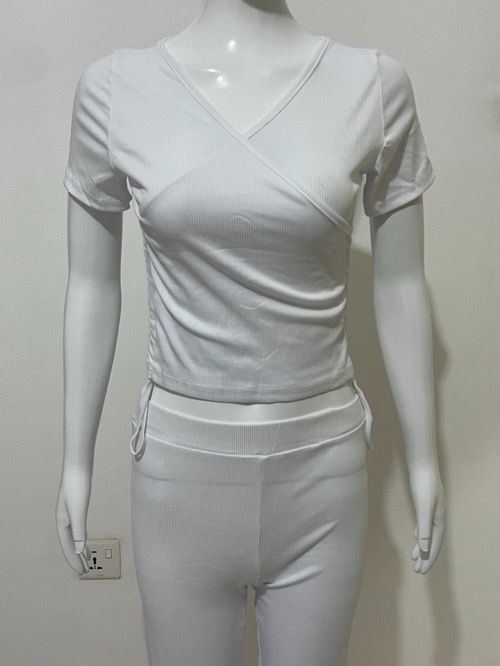 V-neck pleated slim two-piece tracksuit Spice girl pleated deep V short sleeve slacks suit solid color knitted split top + bootcut trim trousers