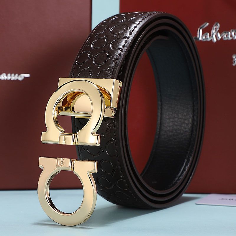 Men's Fashion Business Alloy Smooth Buckle Belt Casual Youth Genuine Leather BeltCoffee Gold