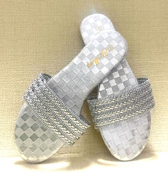 silver weaved cross border easy-on beach slippers indoor outdoor women's slides slippers girls open toe flat sandals 