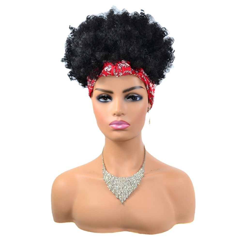 TopKiss Black Curly Wig with Headscarf, High Temperature Fiber Headband Hairnet Wig for Women Local