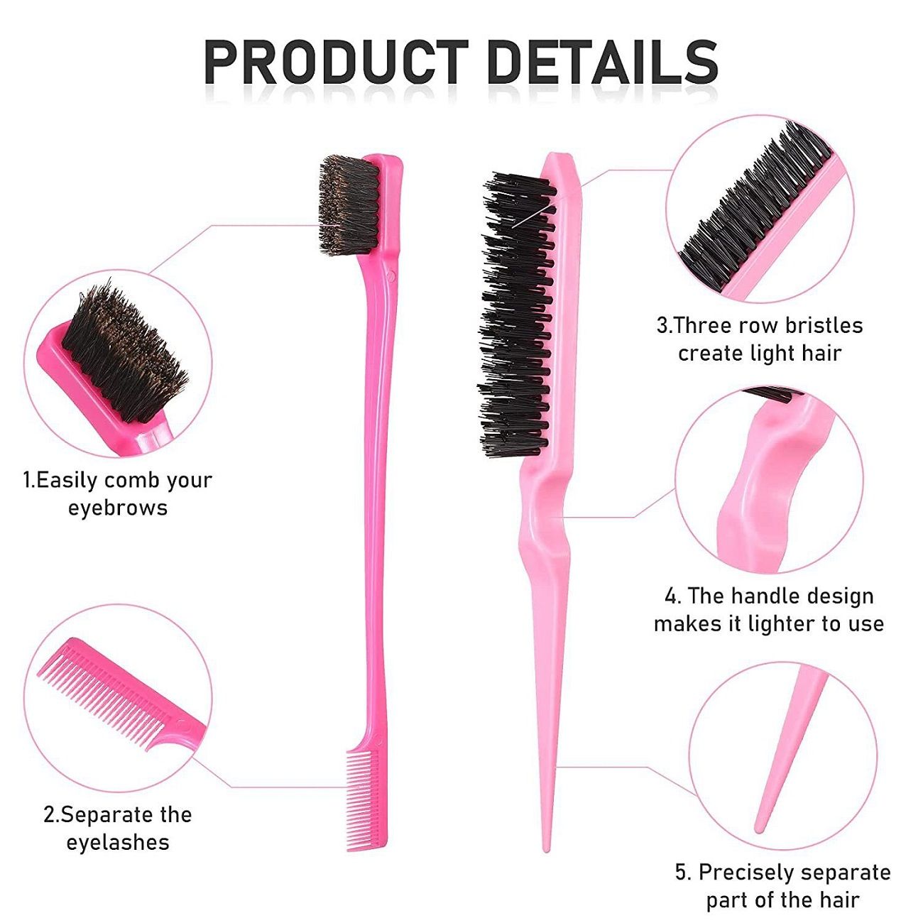 3Pcs Hair Styling Comb Set, Teasing Brush, Edge Control Brush & Rat Tail Comb, ABS Plastic Hair Grooming Kit for Backcombing, Detailing, Sectioning, Multi-Functional Hair Tools for Women, Pink/Black/Purple Available
