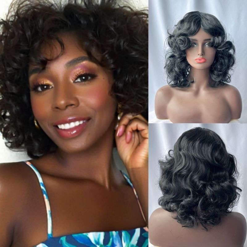 Black Wigs Female wig with slanted bangs, short curly hair, fashionable big wave, black curly hair CRRSHOP wigs free shipping