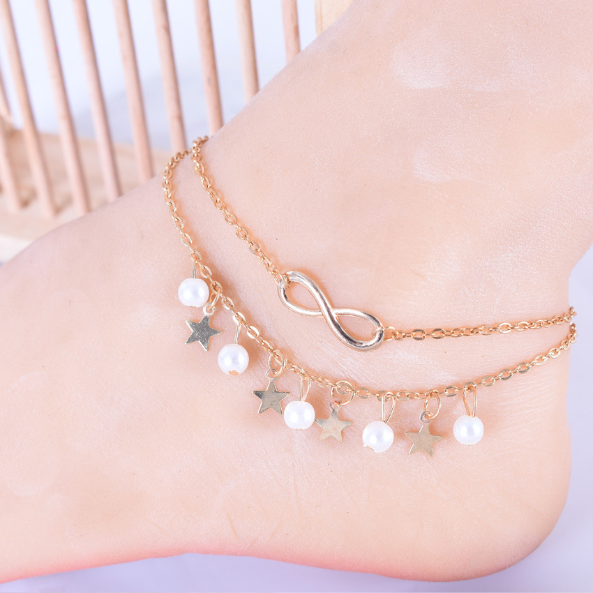 Fashion Gold Color Star Infinity New Simulated Pearl Multilayer Charms Stainless Steel Anklets Bracelets for Women