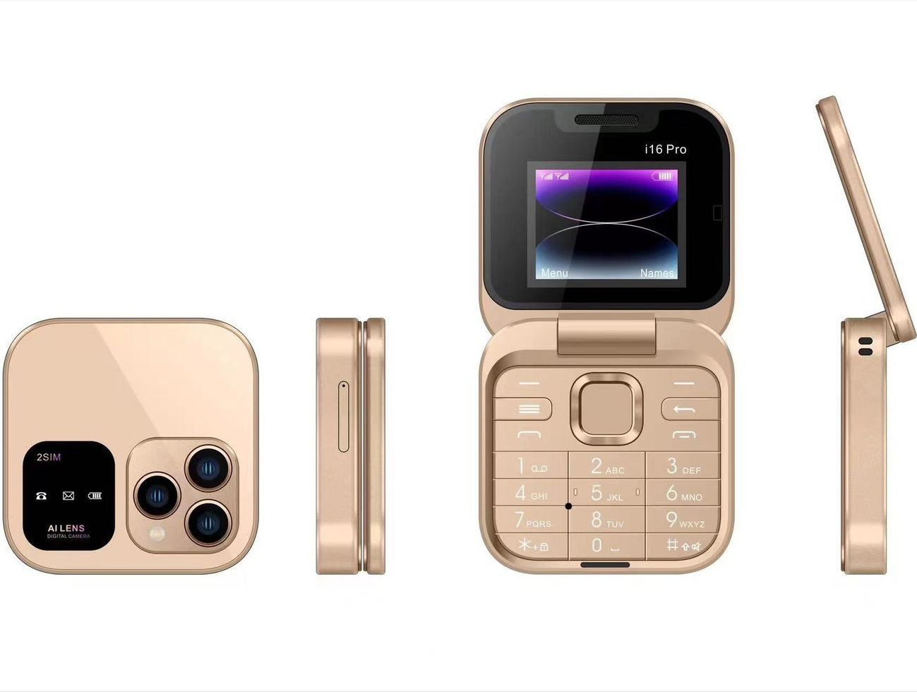 Mini Flip Phone Cross border i16 Pro Flip Phone Dual SIM 2G Button Mini Foreign Trade PhoneGold - English