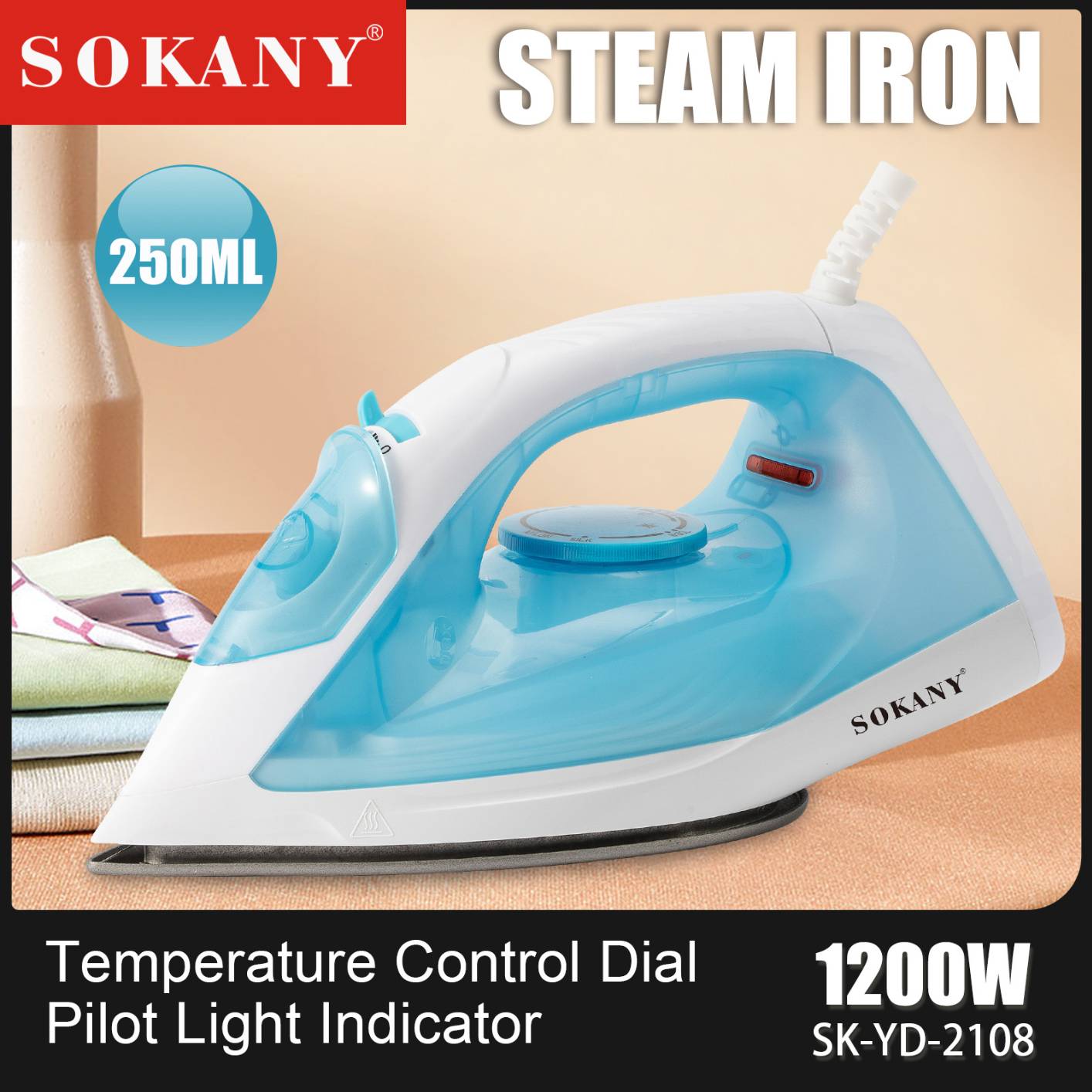 SOKAY 2108 Steam Iron for Clothes, 1200W Rapid Even Heat, Lightweight Portable Steam-Dry & Steam Iron - Best for Travel – Self Clean, 250ml Water Tank, Non-Stick Ceramic Soleplate Home Steam Iron
