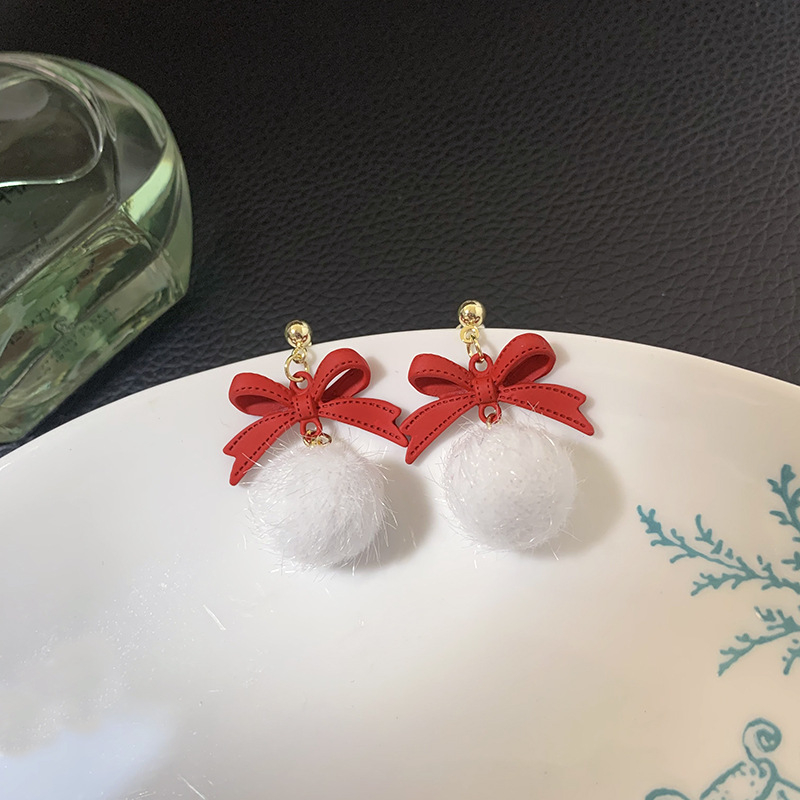 LE841 Cute Christmas Bow and White Hairball Plated Stud Earrings for Women and Girls