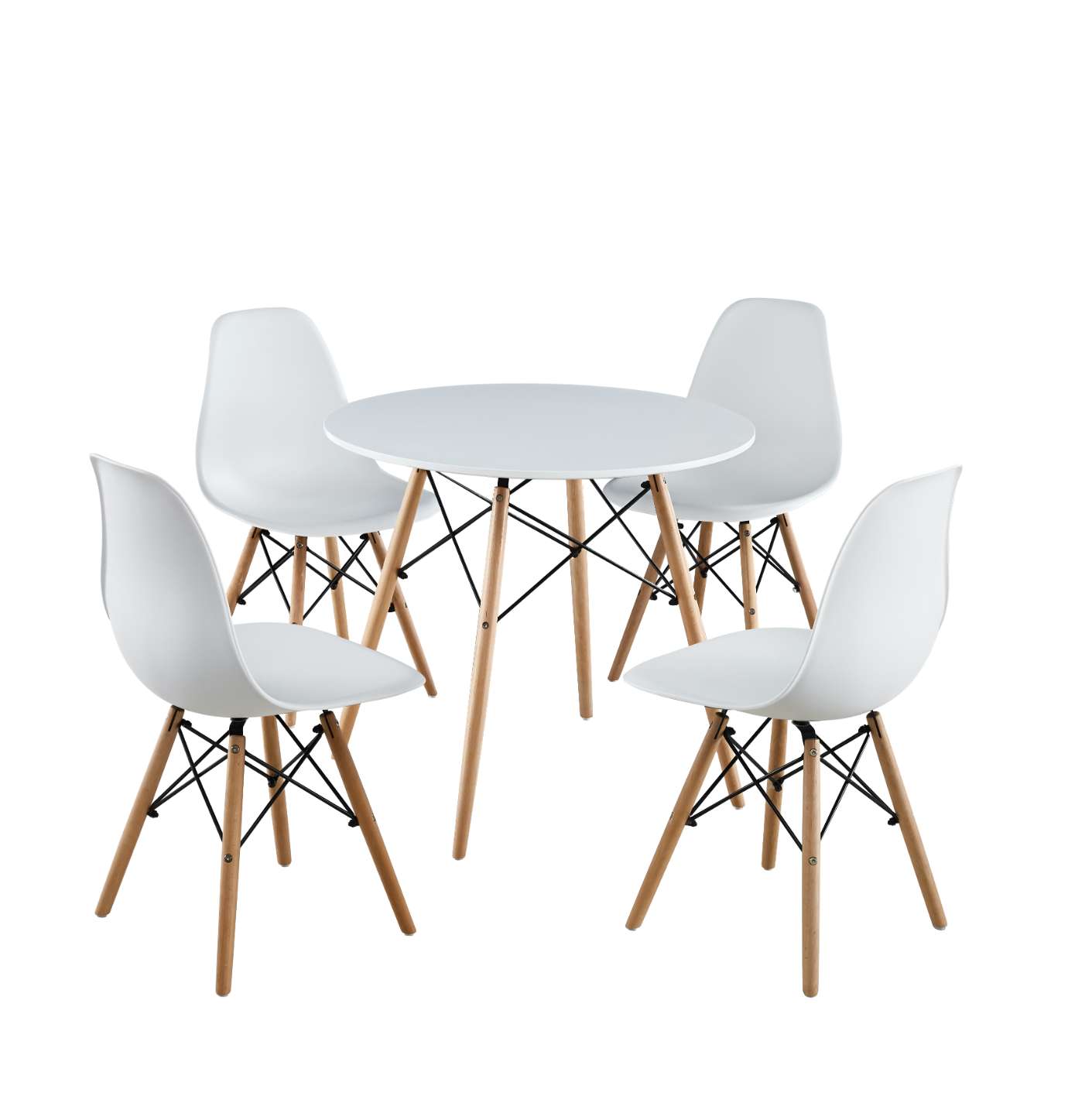 DT-902-2 Pre Assembled Modern Style Dining Table, Shell Lounge Plastic Chair with Wood Legs and Metal Wires for Kitchen, Dining, Bedroom, Living Room Side Set of 1 Table, 4 Chairs
