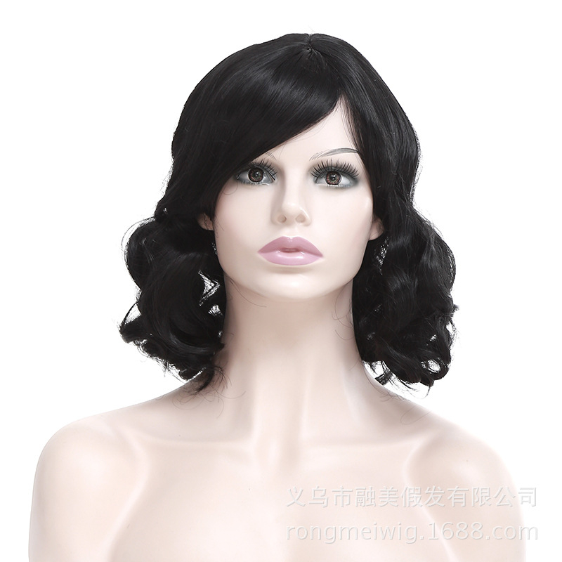 RM3530 Short Bob Lace Front Wigs Glueless Natural Wave Synthetic Heat Resistant Fiber Hair Wig For Black Women 16 Inches Black Wavy Shoulder Length Wigs