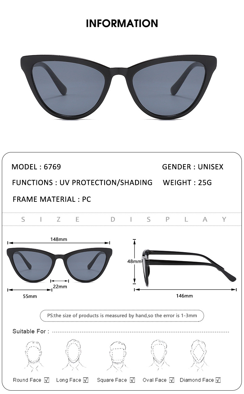 6769 Y2K Cat Eye Sunglasses Women Metal Hinge Cat Eye Mirror Lenses Unisex Elvis Retro Sun Glasses Female Oculos