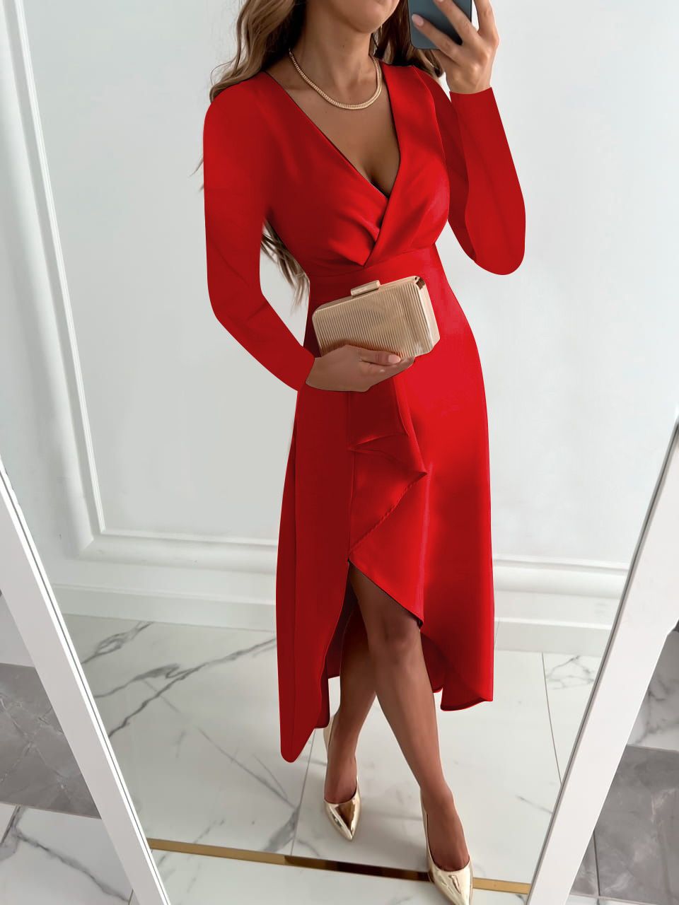 Explosion-style autumn winter long sleeve V-neck pleated lower spread fork dress women ST22117