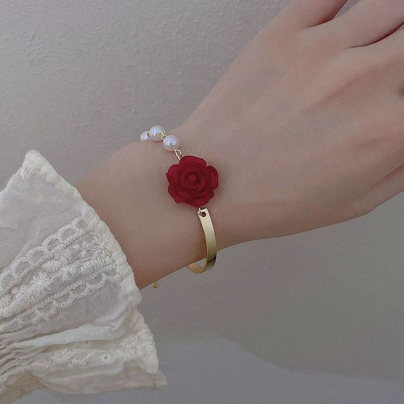 S1 Women's Red Rose & White Rose Pearl Flower Bracelet Jewelry Gift