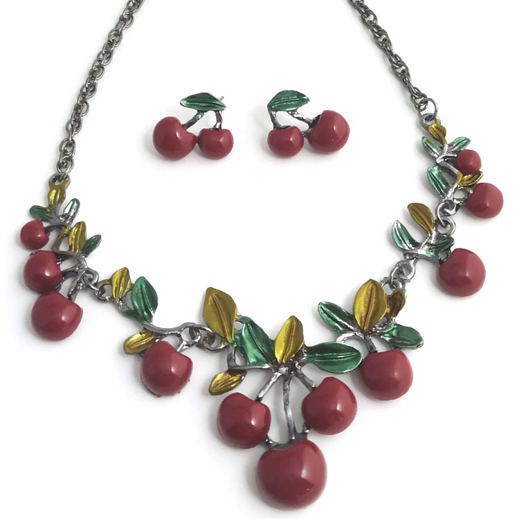 00081-7 1set Fashion Trendy Women Party Jewelry Set Cherry Leaf Shape Sweet Female Stud Earring Choker Statement Necklace Collar