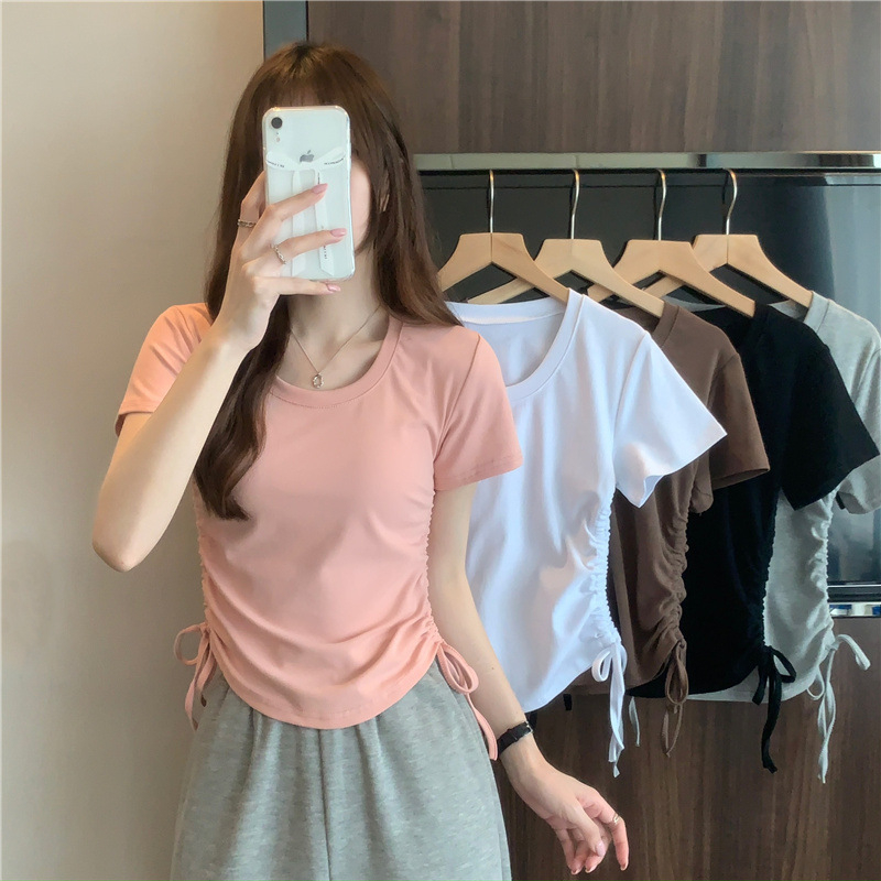 420 Women's Loose Crewneck Drawstring Slim Short Sleeve T-shirt