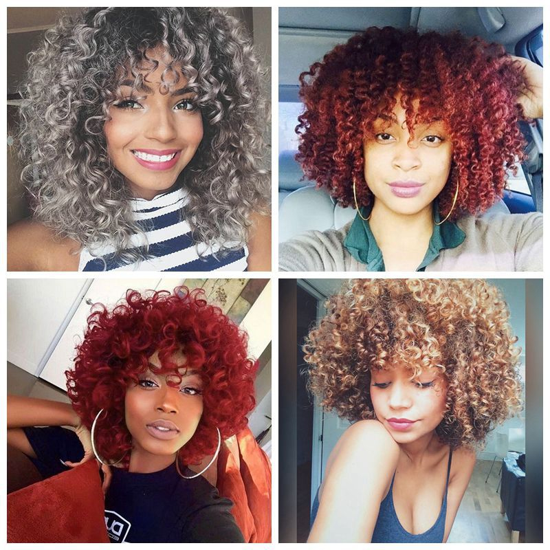 Short Hair Afro Kinky Curly Wigs With Bangs African Synthetic Ombre Glueless Cosplay Wigs For Black Women High Temperature